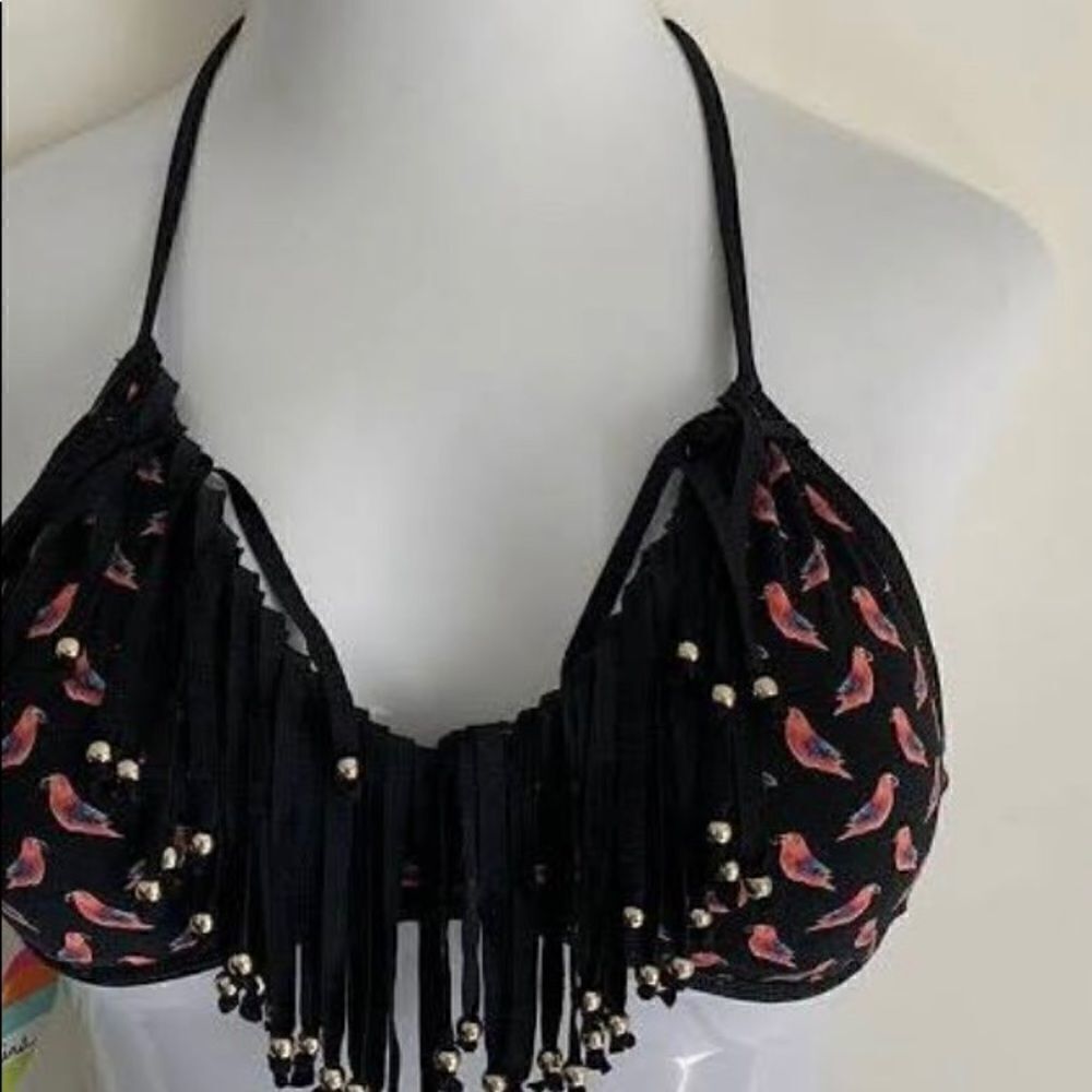 Raisins women beaded and fringed tropical parrot swim top.  Size M. NWOT.